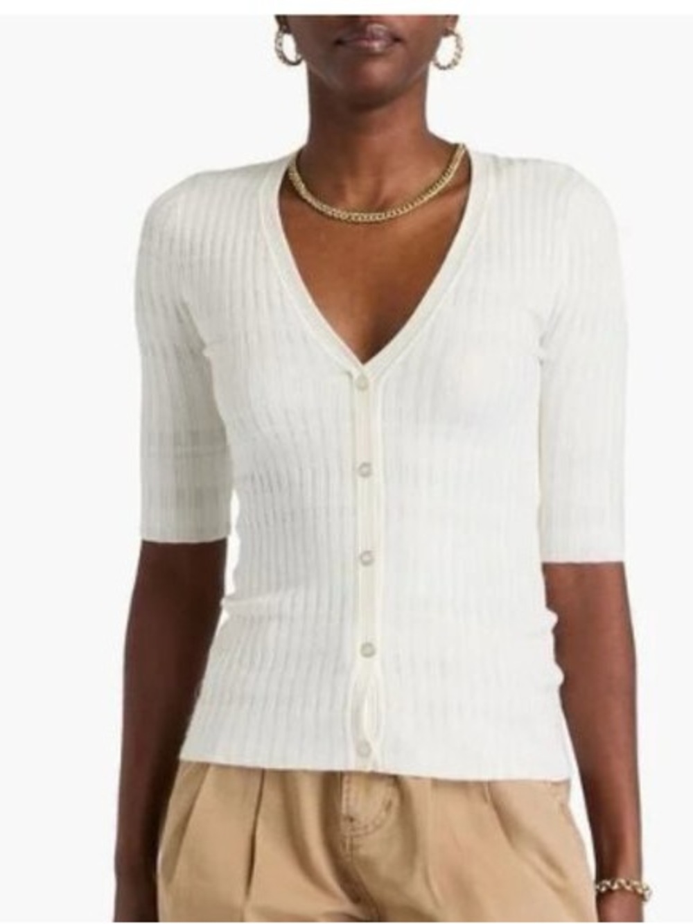 Veronica Beard Calliope Cardigan ribbed-knit off white elbow-length sleeve New S